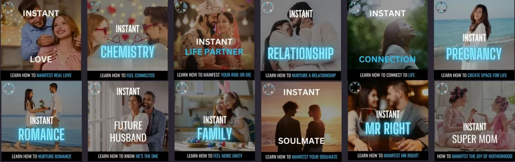 A grid of nine promotional graphics with dark backgrounds, each featuring a person and self-improvement themes in white and cyan text. 1. "INSTANT FAITH": person with curly hair looking upward, "LEARN HOW TO CONNECT TO TRUTH." 2. "INSTANT SPIRITUALITY": person meditating in a forest, "LEARN TO CONNECT TO THE DIVINE." 3. "INSTANT PASSION": close-up of person with intense eyes, "LEARN HOW TO REIGNITE THE FIRE." 4. "INSTANT BLISS": person leaping on a beach at sunset, "LEARN HOW TO FEEL BLISSFUL!" 5. "INSTANT KARMA": person meditating in a seated position, "LEARN HOW TO FEEL SPIRITUALLY CENTRED." 6. "INSTANT SELF LOVE": person on a couch, "LEARN TO LOVE AND HONOUR YOURSELF." 7. "INSTANT GODDESS": person in a white dress at sunset, "LEARN HOW TO FEEL YOUR INNER BEAUTY." 8. "INSTANT FORGIVENESS": person in a field with arms outstretched, "LEARN TO SHOW SELF - COMPASSION." 9. "INSTANT SEX APPEAL": person posing seductively, "LEARN HOW TO BE EFFORTLESSLY ALLURING." 10. "INSTANT FIREWORKS": person on a bed, "LEARN TO IGNITE YOUR SEXUAL CONFIDENCE." 11. "INSTANT HOPE": person smiling softly, "LEARN HOW TO BE HOPEFUL AGAIN." 12. "INSTANT INTUITION": close-up of hands in meditation, "LEARN HOW TO TRUST YOUR INNER WISDOM." Each graphic has a circular logo in the top right corner.