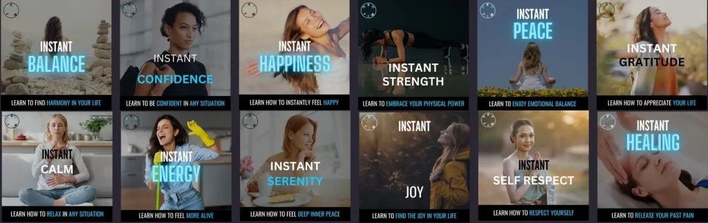 A grid of 12 promotional graphics with dark backgrounds, each featuring a person and self-improvement themes in white and cyan text. 1. "INSTANT BALANCE": person with stacked stones, "LEARN TO FIND HARMONY IN YOUR LIFE." 2. "INSTANT CONFIDENCE": person with curly hair, "LEARN TO BE CONFIDENT IN ANY SITUATION." 3. "INSTANT HAPPINESS": person on a beach with arms outstretched, "LEARN HOW TO INSTANTLY FEEL HAPPY." 4. "INSTANT STRENGTH": person doing a plank, "LEARN TO EMBRACE YOUR PHYSICAL POWER." 5. "INSTANT GRATITUDE": person meditating in a field, "LEARN TO ENJOY EMOTIONAL BALANCE." 6. "INSTANT CALM": person meditating indoors, "LEARN HOW TO RELAX IN ANY SITUATION." 7. "INSTANT ENERGY": person cleaning with yellow gloves, "LEARN HOW TO FEEL MORE ALIVE." 8. "INSTANT SERENITY": person with flowers, "LEARN HOW TO FEEL DEEP INNER PEACE." 9. "INSTANT JOY": person in a yellow jacket with arms raised, "LEARN TO FIND THE JOY IN YOUR LIFE." 10. "INSTANT SELF RESPECT": person with hands in prayer position, "LEARN HOW TO RESPECT YOURSELF." 11. "INSTANT HEALING": person receiving a facial massage, "LEARN TO RELEASE YOUR PAST PAIN." Each graphic has a circular MOWFOW logo in the top right corner