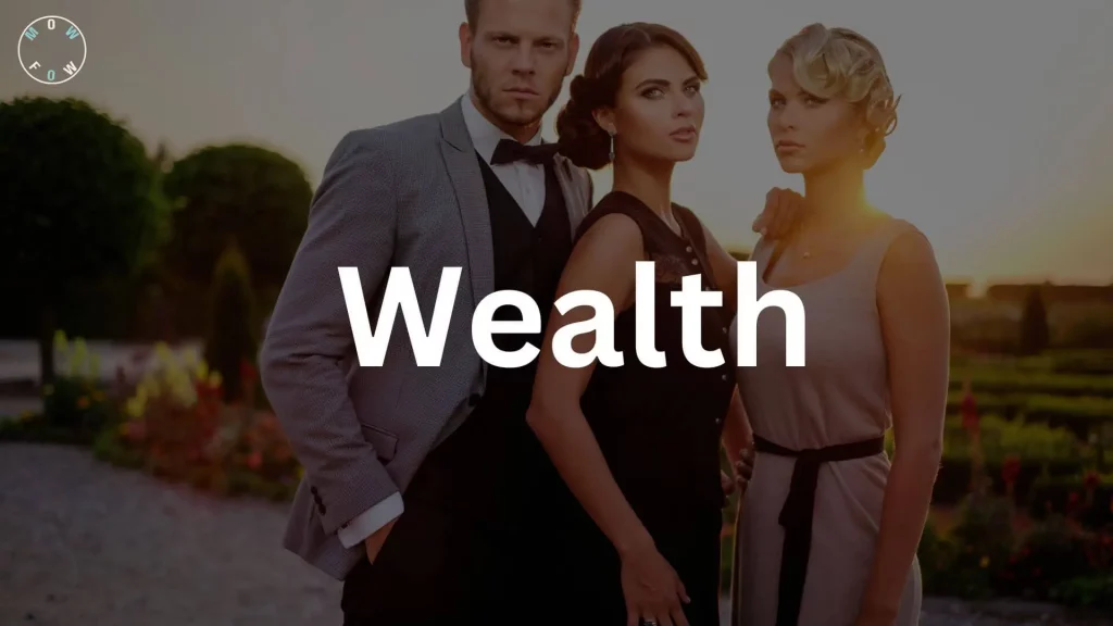 Three people in formal attire stand together in an outdoor garden at sunset: one in a gray suit with a black bow tie, another in a black sleeveless dress with an updo, and the third in a light pink dress with vintage blonde waves. The background features lush greenery and a warm golden glow. A 'FLOW' logo is in the top left corner, and the text 'Wealth' in large white letters is overlaid across the center.