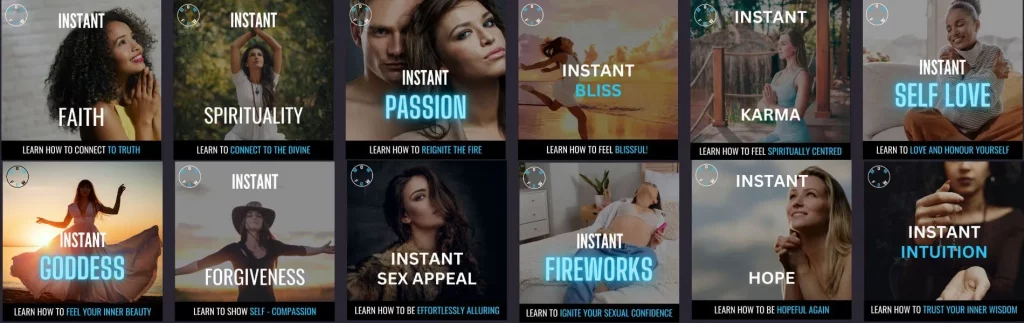 A grid of 12 promotional graphics with dark backgrounds, each featuring a person and self-improvement themes in white and cyan text. INSTANAT PASSION, INSTANT SEX APPEAL, INSTANT FIREWORKS, INSTANT HOPE, all with the circular MOWFOW logo.